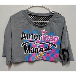 American Made Crop Top Shirt Women's XL Gray Mesh Back Graphic Casual Tee